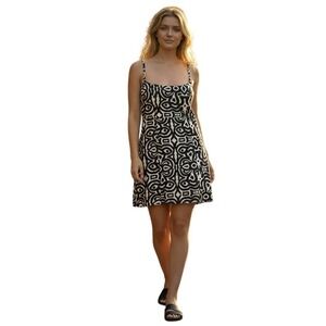 Zara Womens XXL Black Cream Geometric Tribal Print Linen Mini Dress Back Cutout